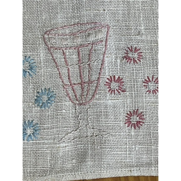 Vtg 50s Embroidered Kitchen Tea Towel Pink Blue Glasses Table Runner Cottagecore - Picture 8 of 11